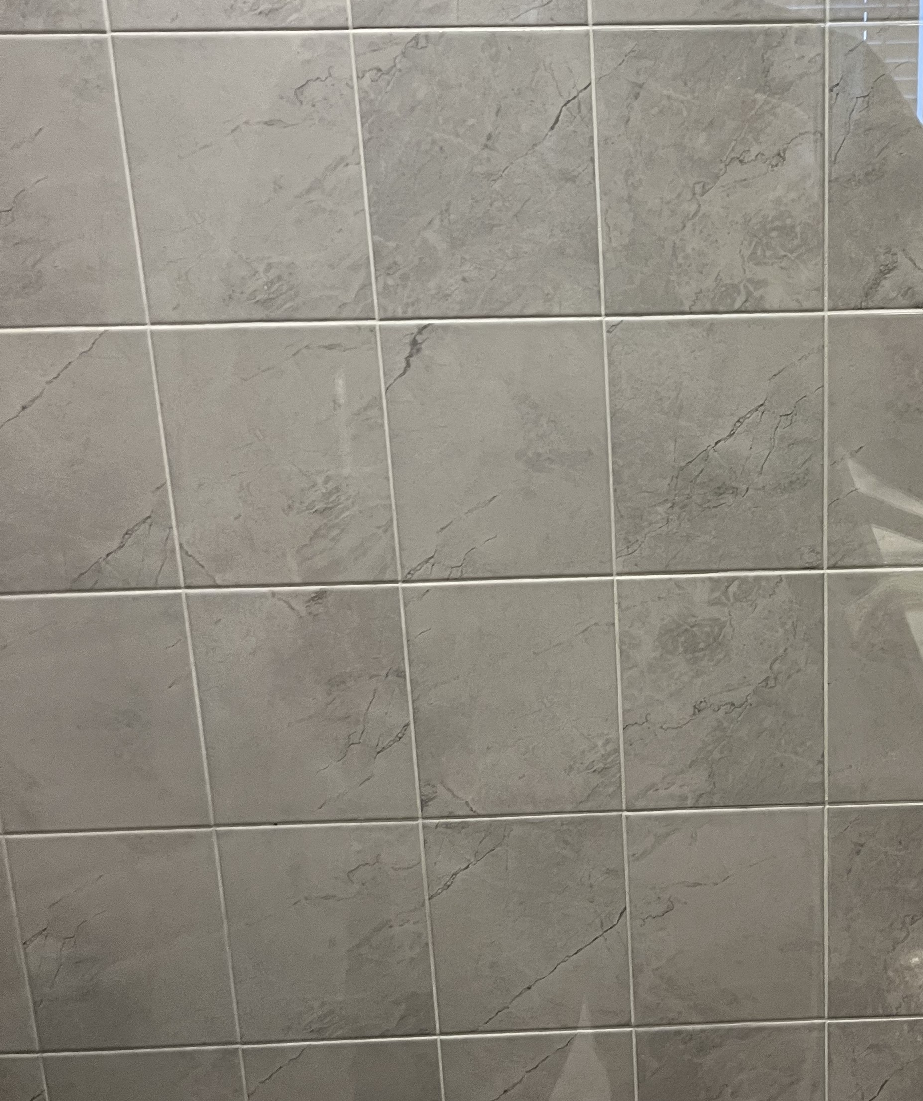 Clean shower glass with bathroom tile visible through it after detail cleaning.